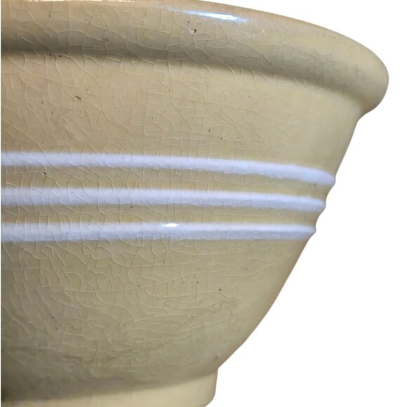 Vintage Yellow Ware Mixing Bowl 3 White Bands Stripes Farmhouse AS IS - Picture 4 of 16